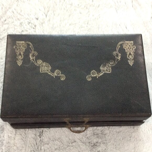 Antique Leather & Wood Victorian Jewelry Box w/Pull-Out Drawer & Mirror - Picture 5 of 11